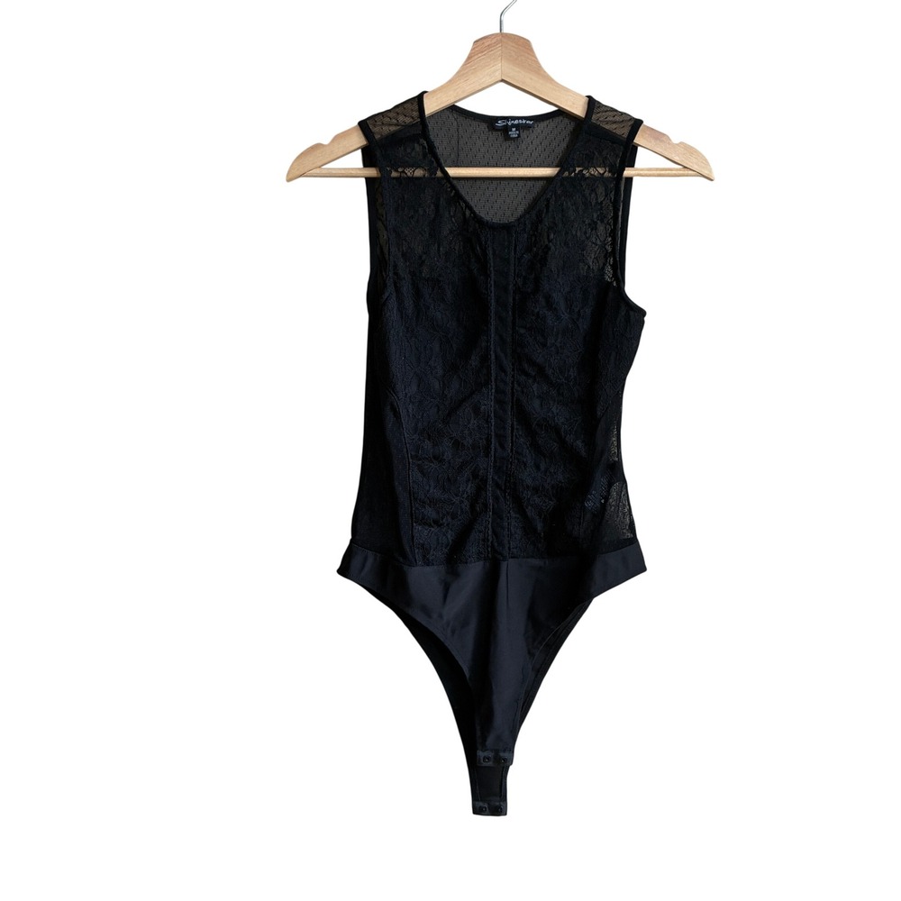 Shinestar Lace Mesh Sleeveless Bodysuit Medium Black Womens Floral Sheer Stretch
